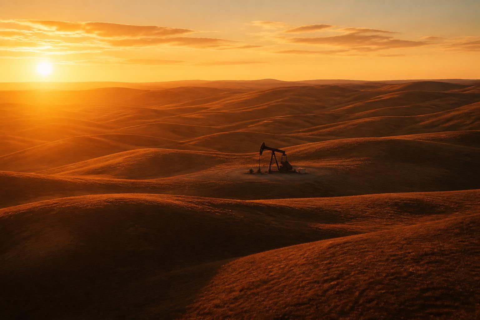 Golden hour over rolling oil country hills